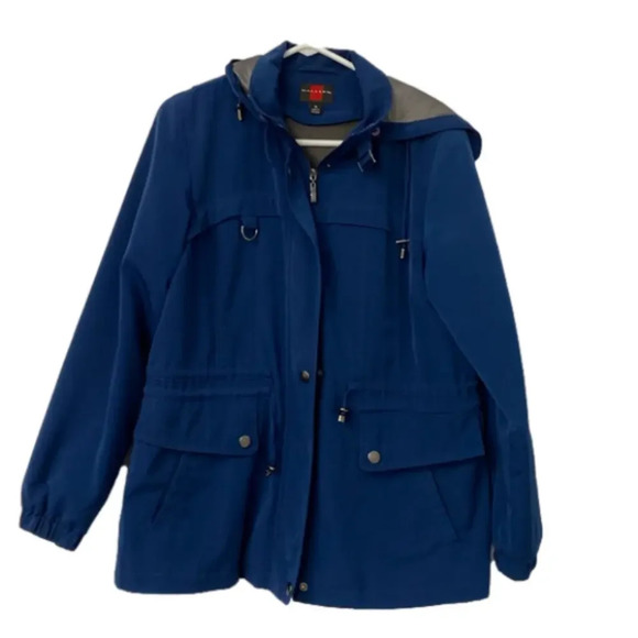 Gallery Coat Women Navy Blue Hooded Anorak Jacket Size M Zip Snap Front‎ Pockets - Picture 1 of 7